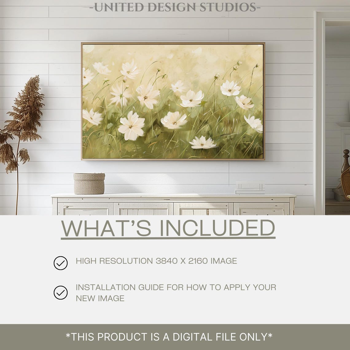 White Cosmos Flowers Soft Yellow Oil Painting Floral Art Poster - Image 2