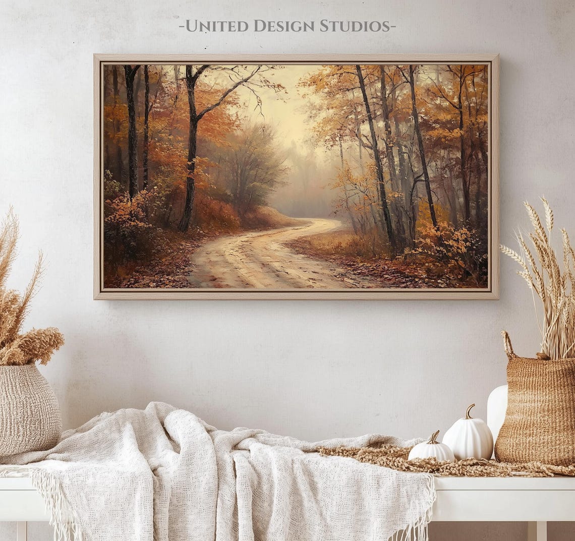 Misty Autumn Forest Road Golden Fall Trees Foggy Path Painting Poster - Image 4