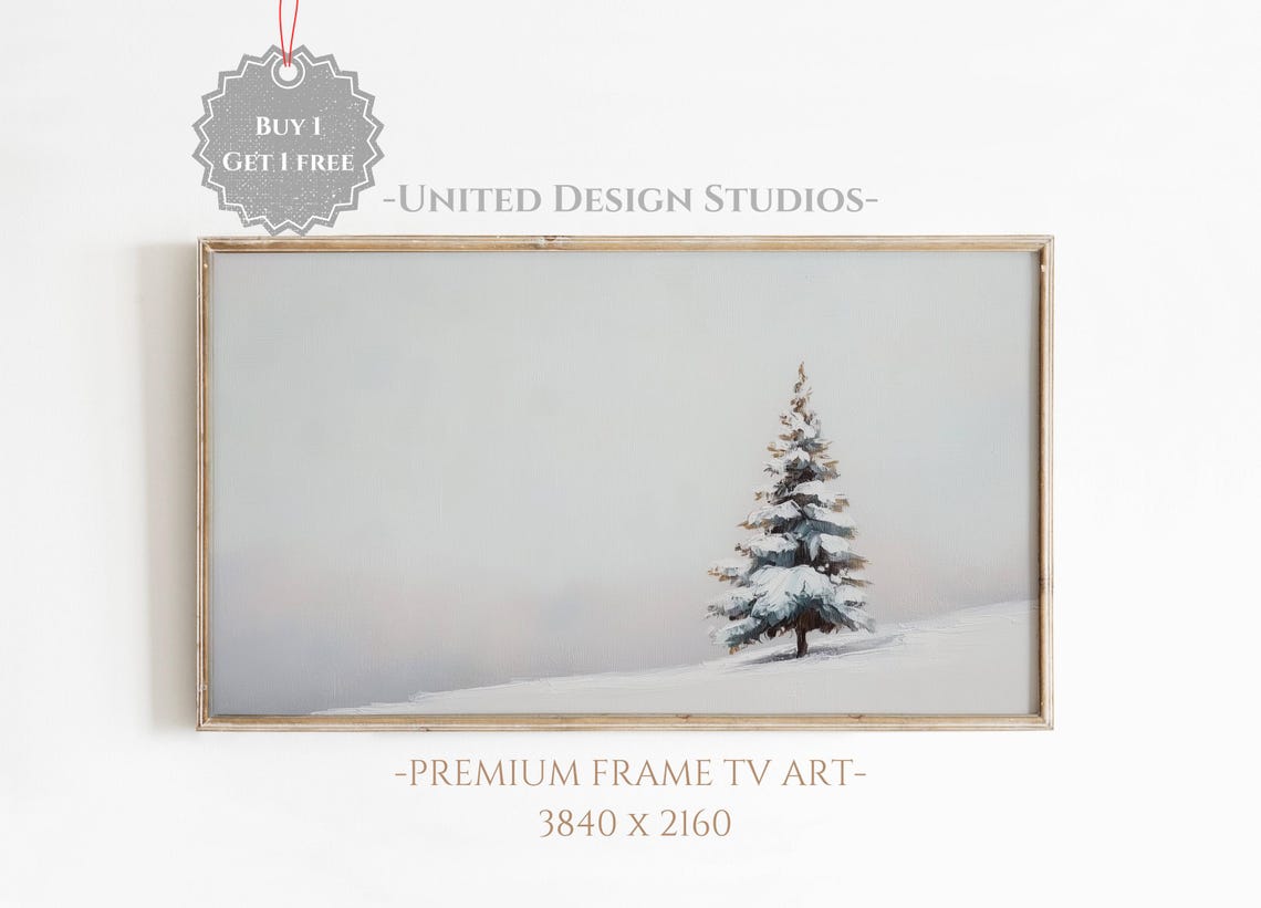 Lone Snow Covered Pine Tree Minimalist Winter Painting Poster