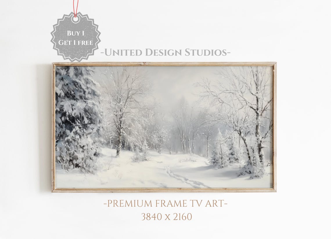 Snowy Winter Forest Landscape Vintage Painting Farmhouse Art Print