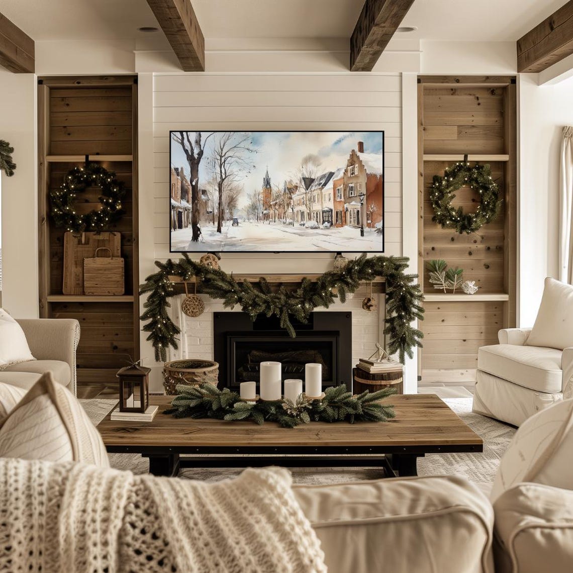 Frame Tv Winter Art Watercolor Painting Of Snowy Winter Town Frame Tv Art Christmas Frame Tv Art Farmhouse Winter Tv Art - Image 4