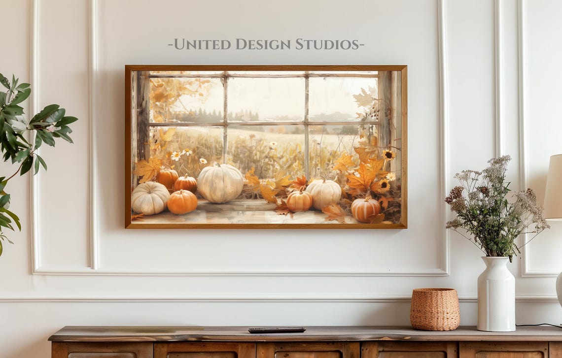 Rustic Autumn Window Pumpkins Golden Fall Leaves Farmhouse Poster - Image 3