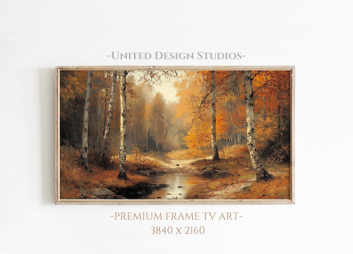 Birch Forest Autumn Stream Orange Gold Vintage Fall Woods Poster