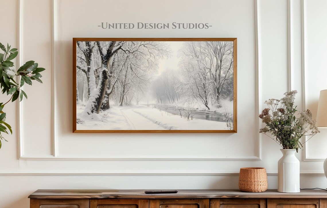 Winter Forest Stream Art Print, Neutral Farmhouse Holiday - Image 3