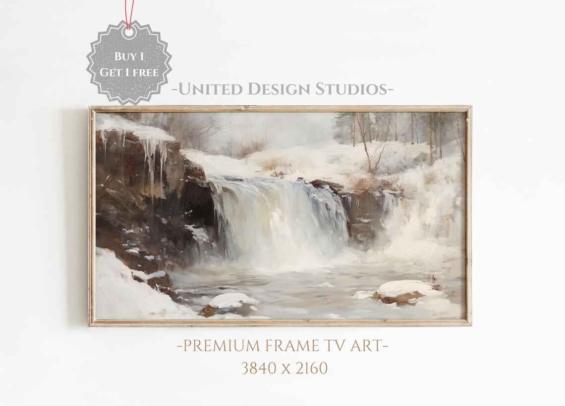 Winter Waterfall Landscape Christmas Art Print