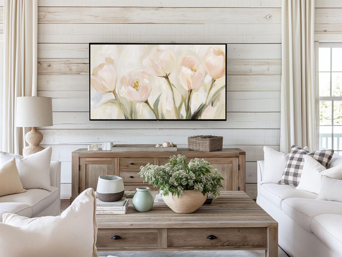 Blush White Tulips Delicate Spring Flower Painting Frame TV Art Poster - Image 2