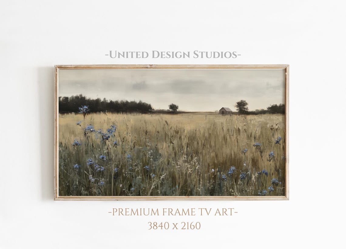 Rustic Fall Field Blue Wildflowers Barn Vintage Landscape Art Print