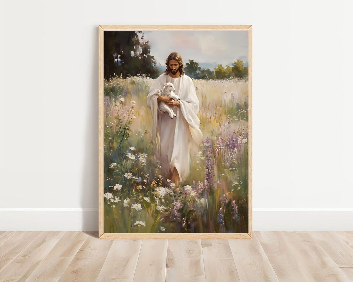Jesus Holding Lamb Wildflower Meadow Christian Shepherd Art Poster - Image 3