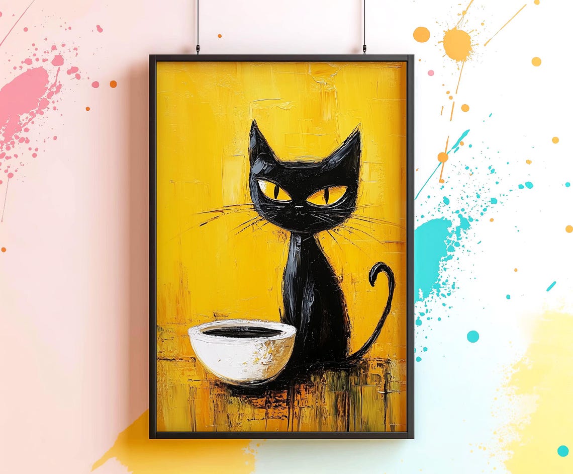 Grumpy Black Cat With Coffee Bowl Wall Art Bold Yellow Kitchen Decor