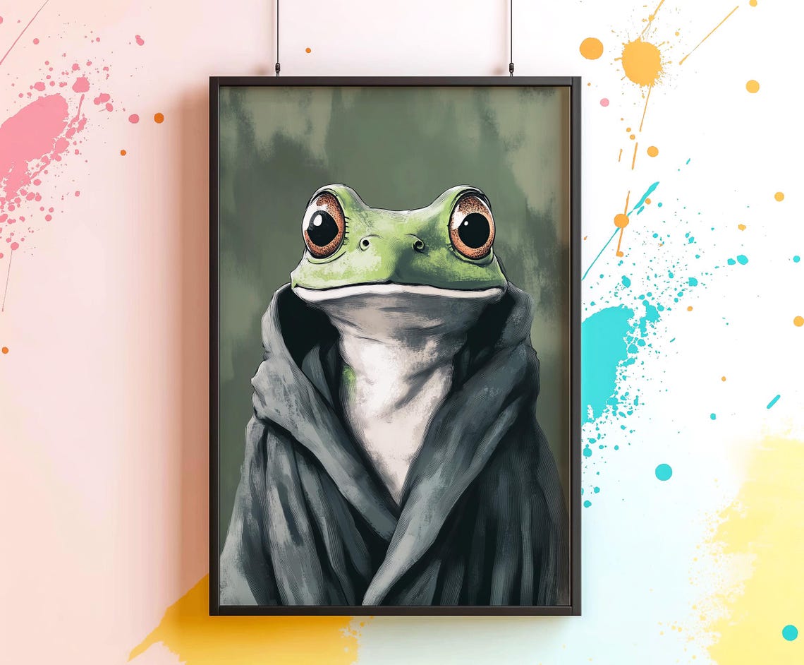 Funny Frog Wearing a Gray Bathrobe Cute Animal Portrait Poster