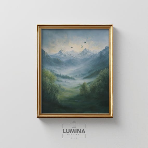 Misty Mountain Valley In Soft Light Moody Landscape Wall Art Serene Nature Scene Earthy Green Tranquil 319