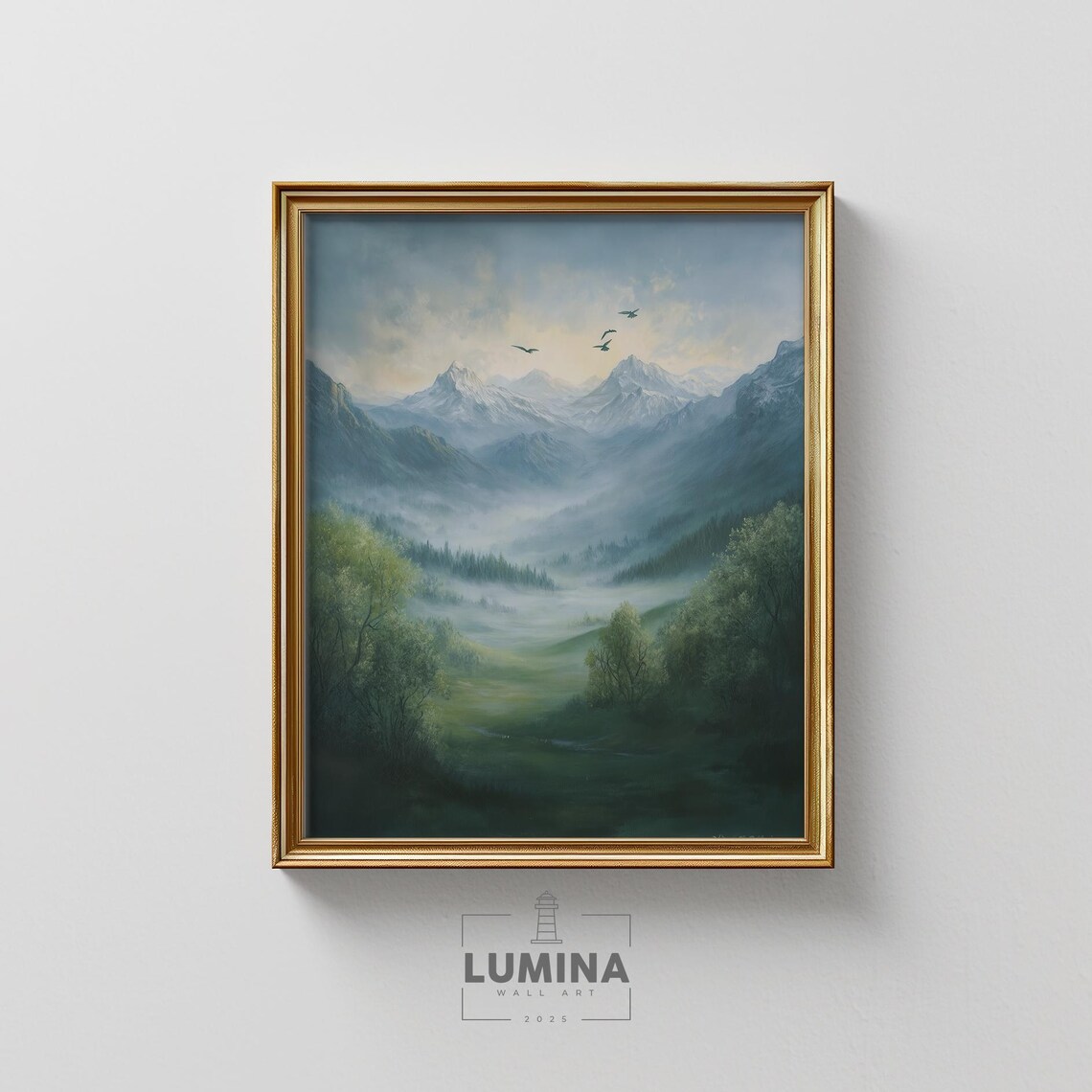 Misty Mountain Valley Morning Fog Forest Birds Painting Poster