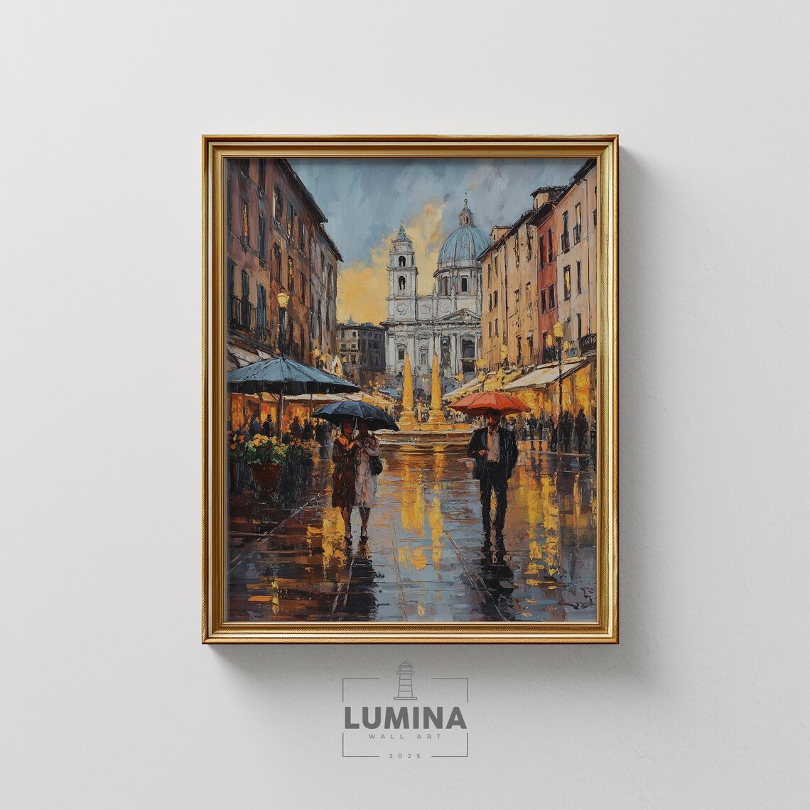 Rome Piazza Navona Rainy Evening Umbrella Street Oil Painting Poster