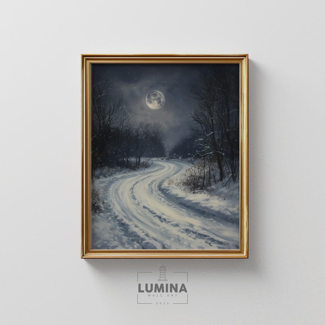 Moonlit Snowfall Country Road Winter Night Scene Painting Poster