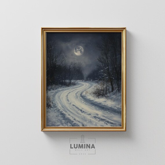 Moonlit Snowfall Country Road Winter Night Scene Painting Poster