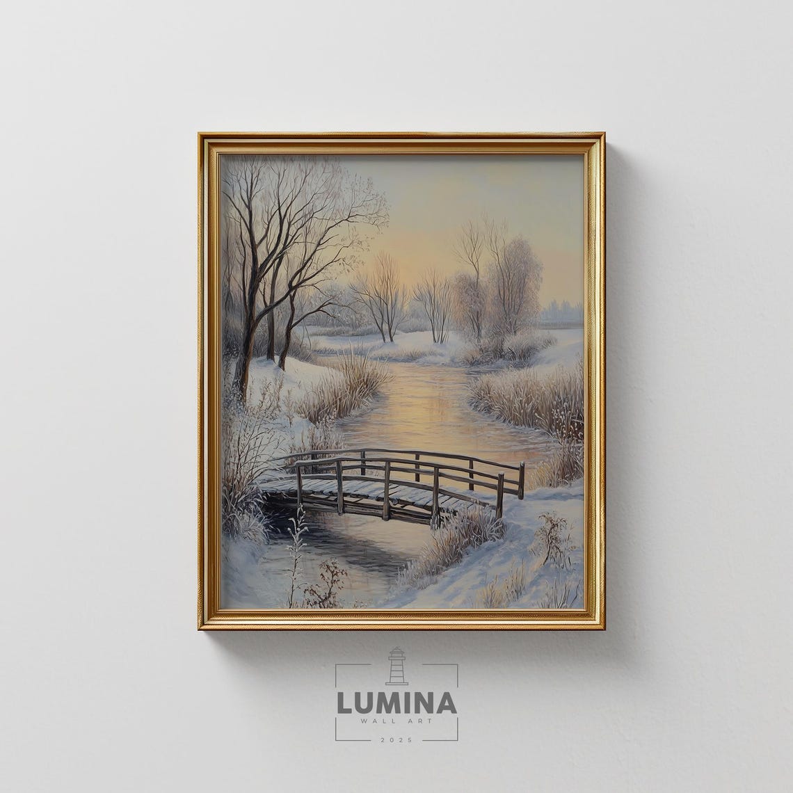 Frozen River Wooden Bridge Serene Winter Landscape Painting Poster