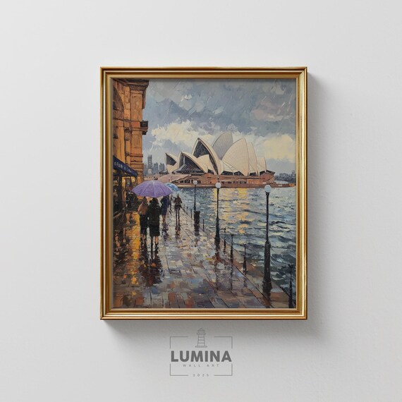 Sydney Opera House On A Rainy Spring Day Coastal Cityscape Moody Australia Travel Art Vintage Urban Scene 269