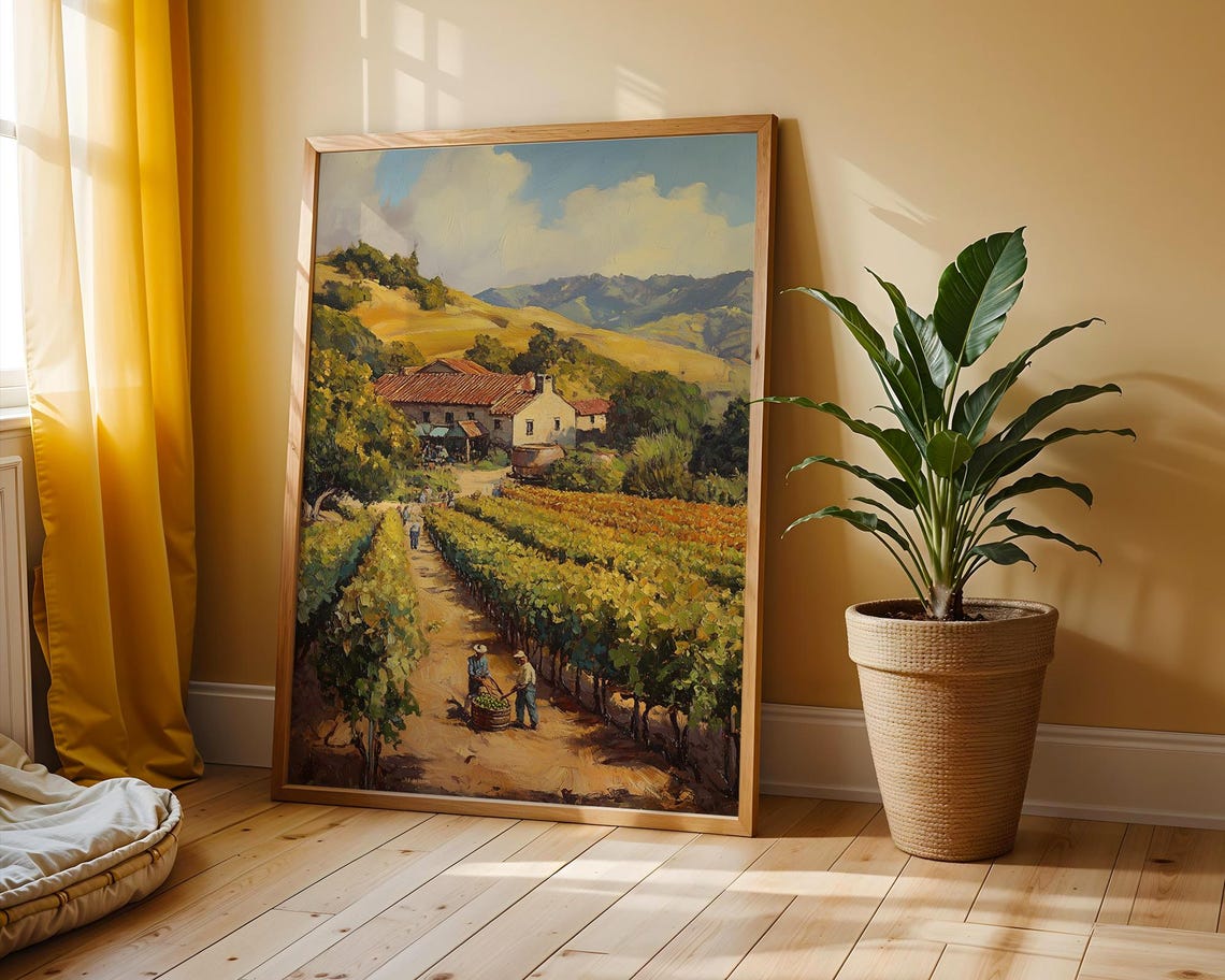 Golden Vineyard Harvest with Farmhouse Summer Landscape Poster