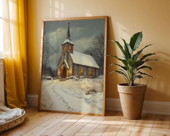 Lonely Stone Church in Winter Snow Vintage Countryside Poster