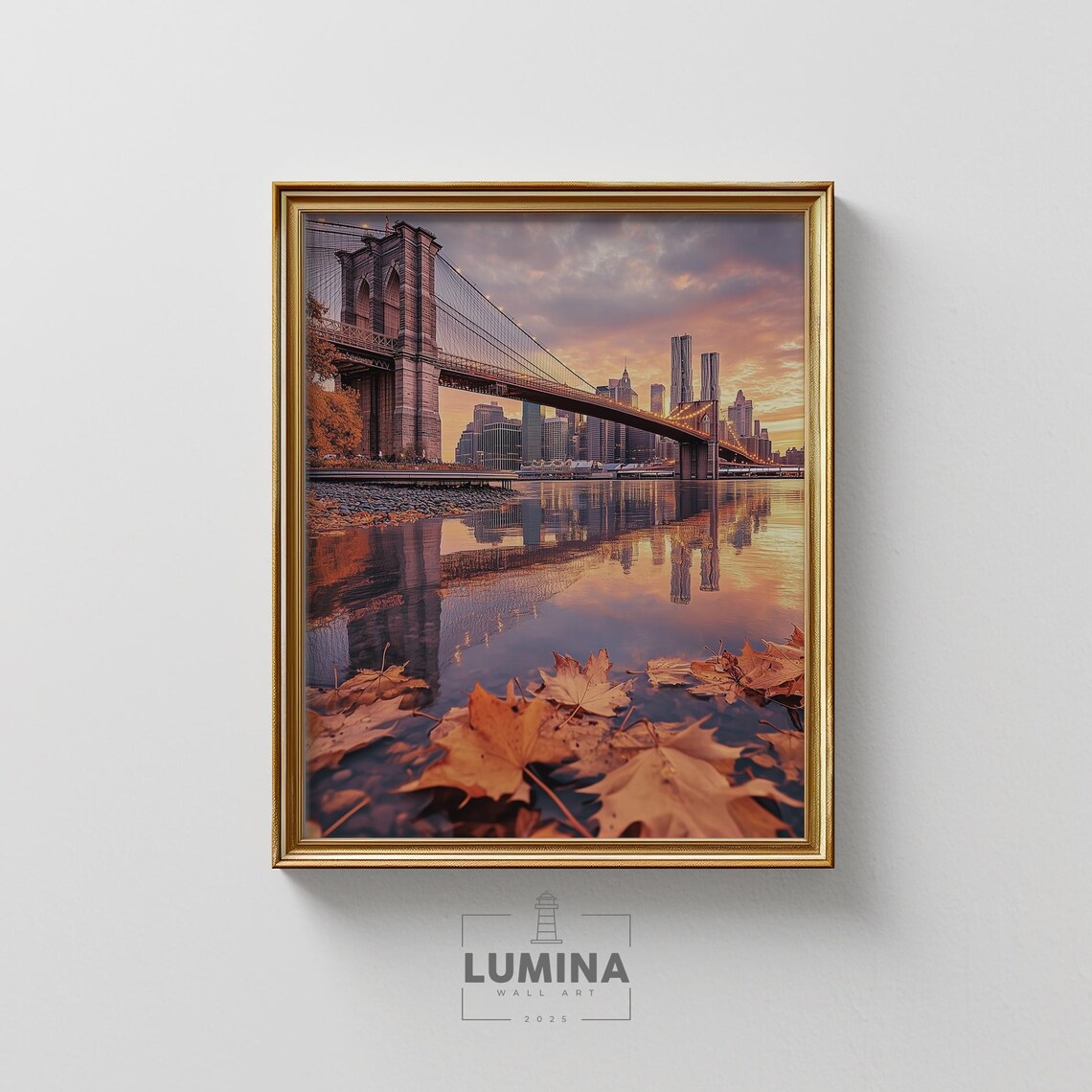 Brooklyn Bridge At Sunset Vintage New York Cityscape Print Warm Golden Tones Moody Urban Wall Art Romantic Travel Painting 335