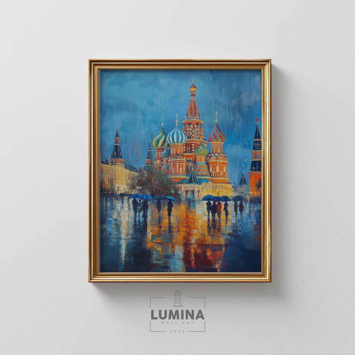 Moscow Red Square Rain St Basil's Cathedral Night Umbrella Art Poster