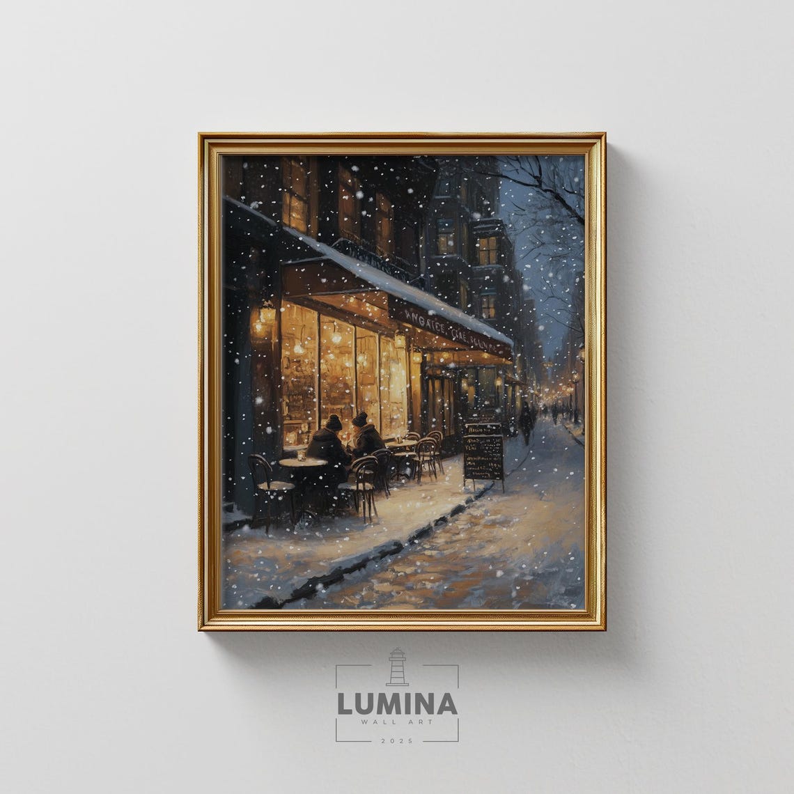 Snowy Evening Cafe With Twinkling Lights Winter Street Scene Wall Art