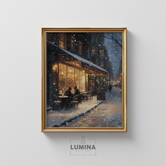 Snowy Evening Cafe With Twinkling Lights Winter Street Scene Wall Art