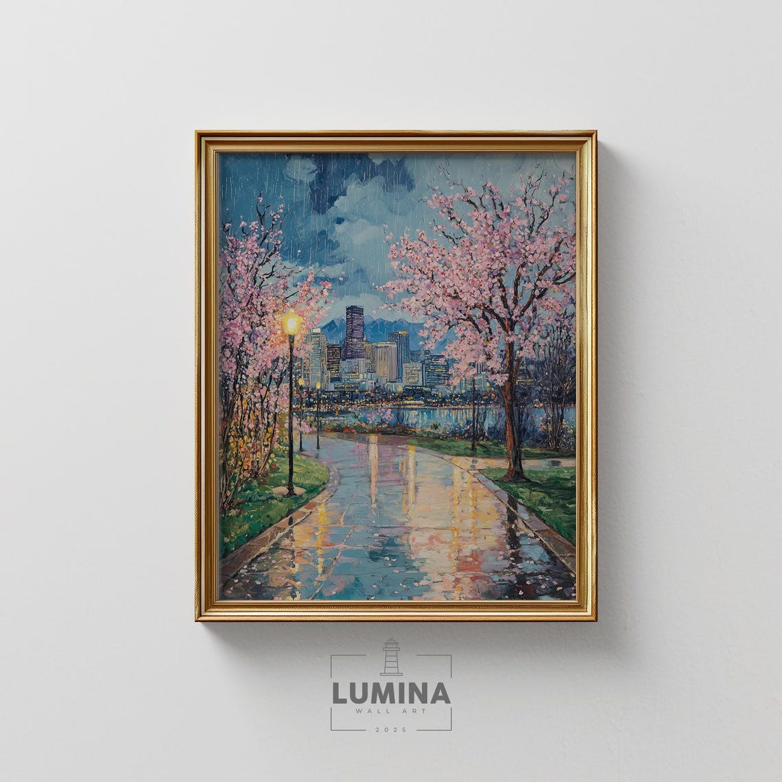 Cherry Blossom Park Night Rain City Lights Wet Path Art Poster