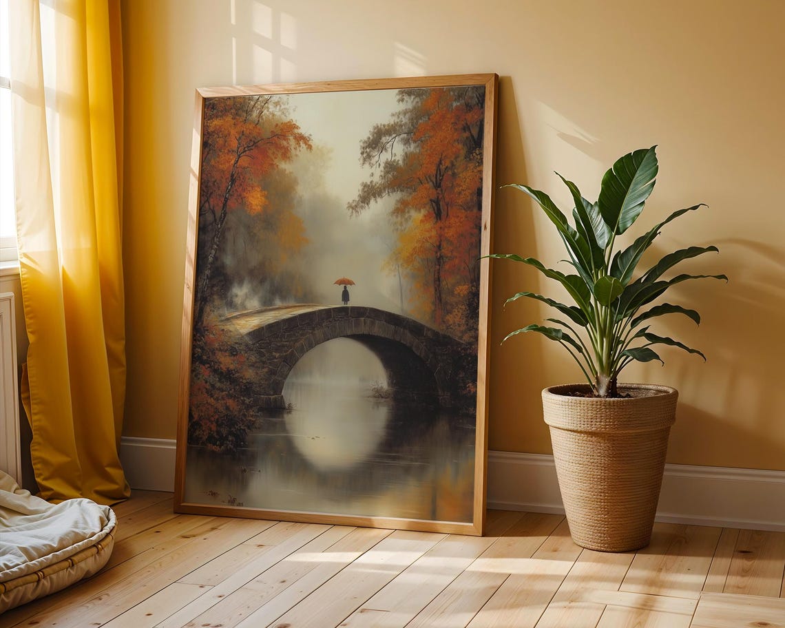 Foggy Stone Bridge Over a River Misty Autumn Landscape Poster