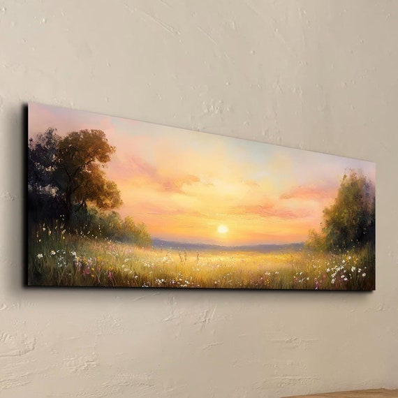 Wildflowers In Sunshine Wildflowers Field Landscape Wall Art Panoramic Moody Wall Art Dark Floral Landscape Painting Above Bed Decor