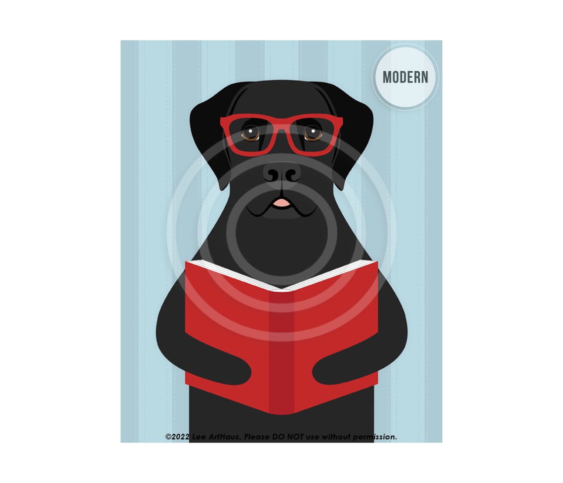 Black Labrador Wearing Red Glasses Reading a Book Dog Poster