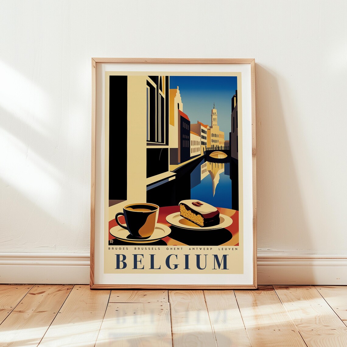 Belgium Vintage Travel Poster Retro Coffee Cake Canal City Scene Art