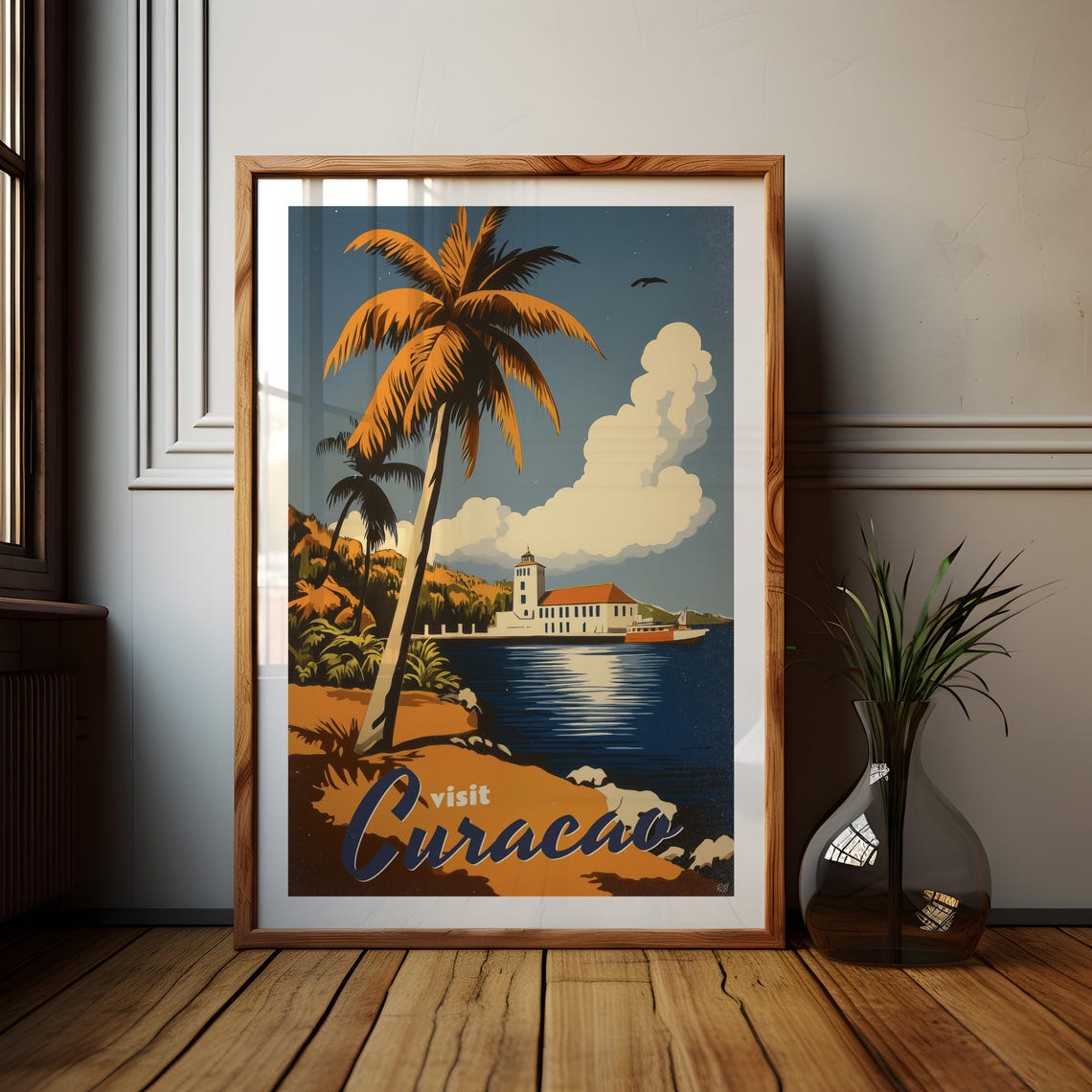 Curacao Caribbean Palm Beach Colonial Fort Sunset Bay Poster - Image 2