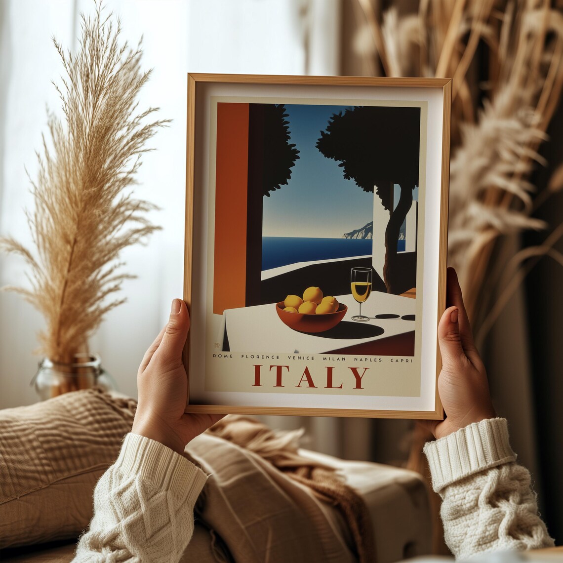 Italy Amalfi Coast Lemons Wine Sea Terrace Retro Travel Poster - Image 3