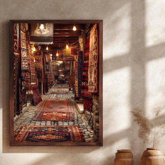 Vintage Rug Bazaar Stone Alleyway Textile Market Bohemian Art Print