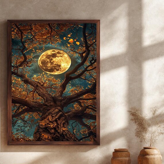 Golden Full Moon Over Autumn Tree Night Sky Mystical Celestial Poster