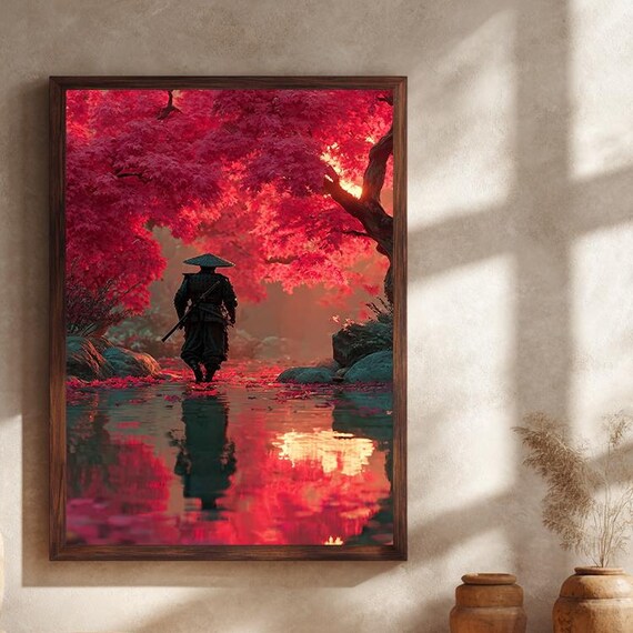 Samurai Warrior Red Forest Canvas Wall Art Japanese Maple Tree Sunset Print Mystical Oriental Nature Artwork For Bold Home Decor