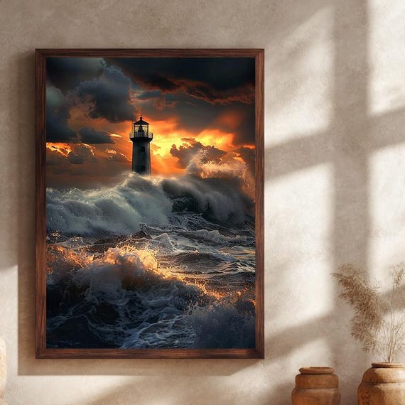 Lighthouse Canvas Wall Art With Stormy Ocean Waves And Sunset Sky Dramatic Nautical Coastal Seascape Print For Home Decor