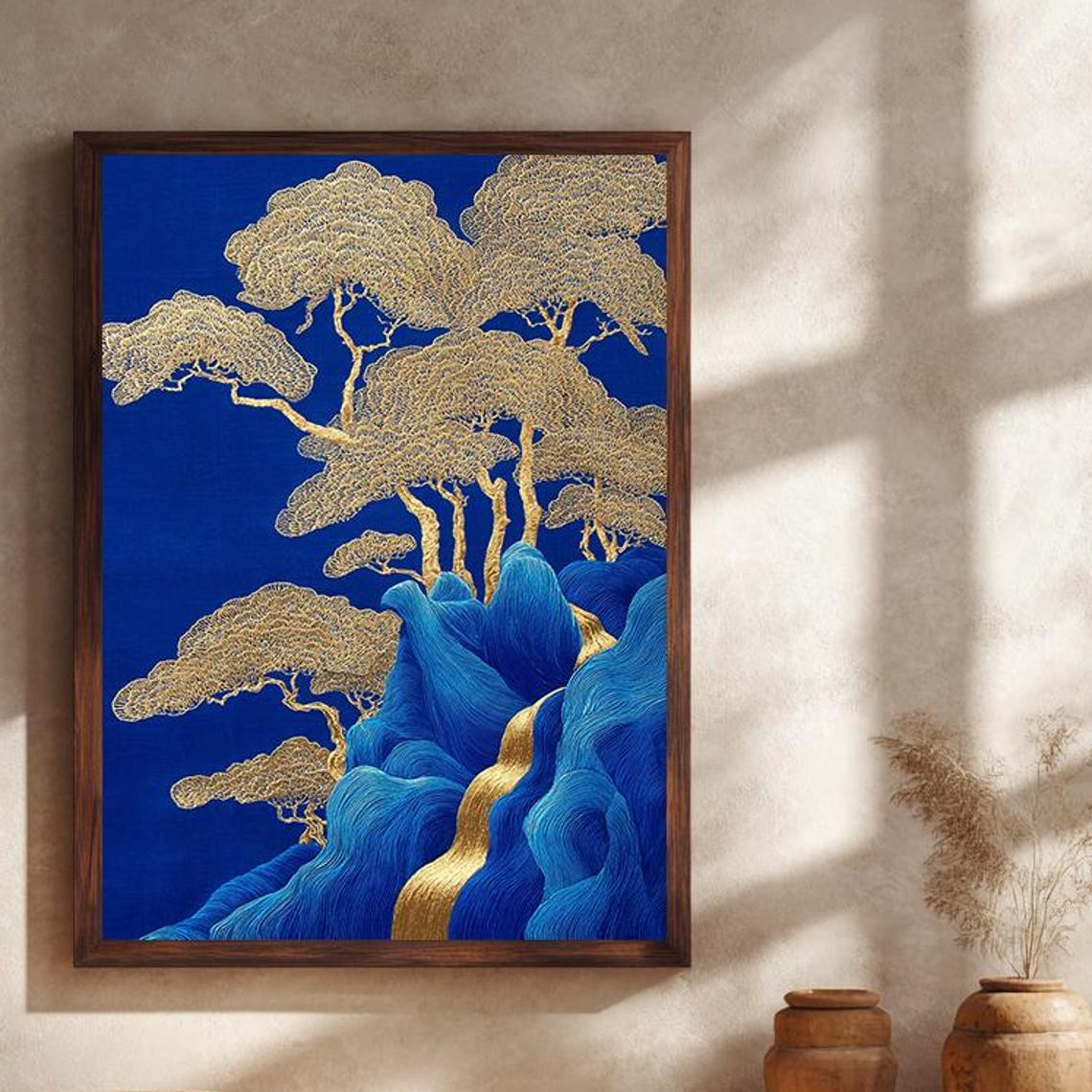 Golden Trees Cobalt Blue Asian Landscape Luxe Nature Art Poster