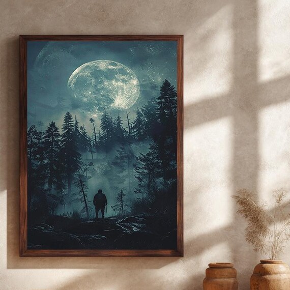 Full Moon Forest Night Explorer Silhouette Mystical Canvas Wall Art