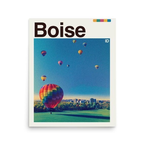 Boise Idaho Hot Air Balloons Green Field Skyline Travel Poster
