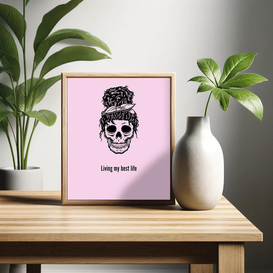 Living My Best Life Skull Messy Bun Pink Gothic Funny Poster - Image 3