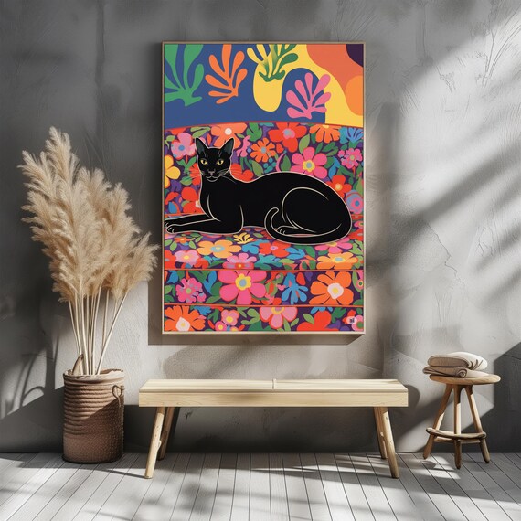 Black Cat Resting on Colorful Floral Garden Bold Modern Art Poster