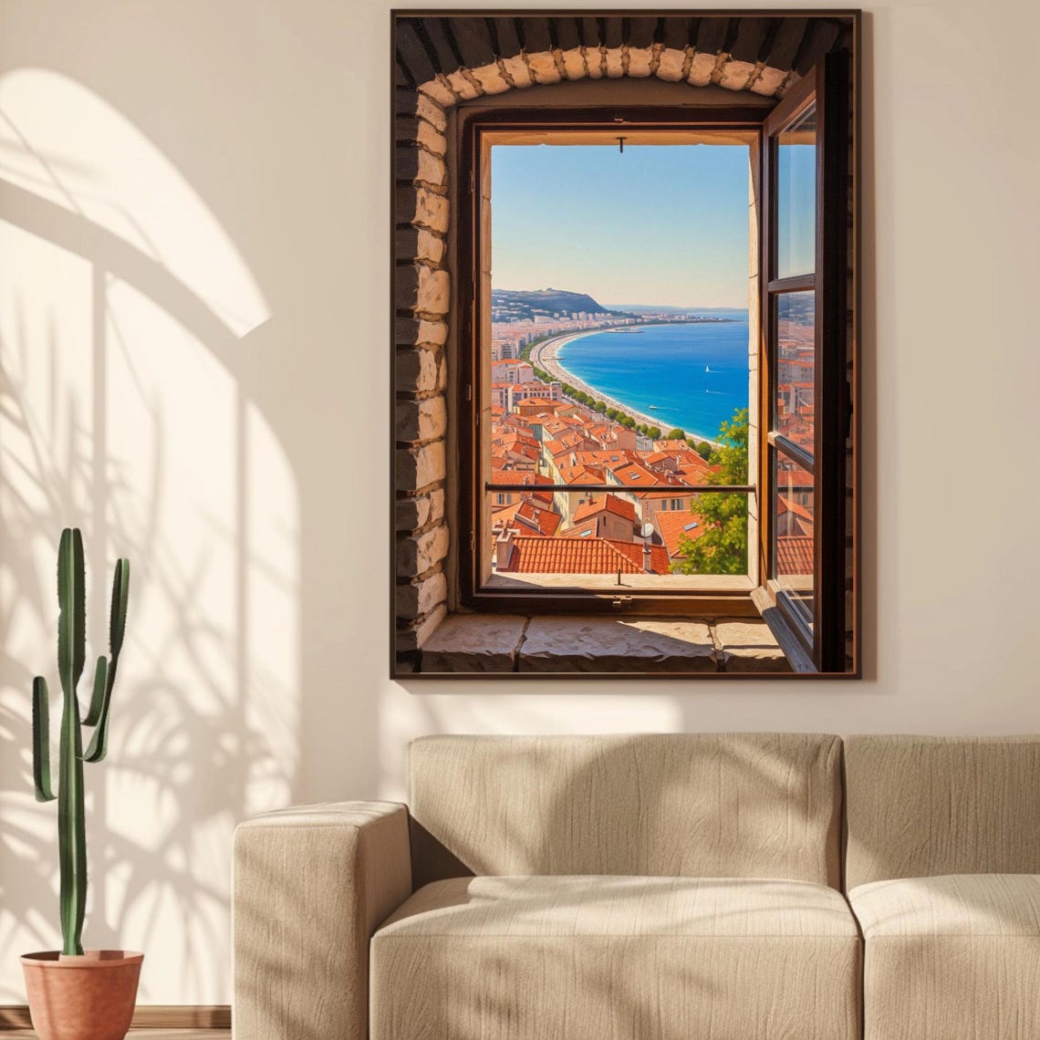 Sunlit Coastal City Bay View Through Arched Stone Window Poster