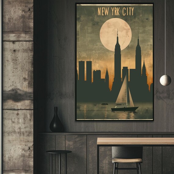 New York City Moonlit Skyline Vintage Poster Sailboat Silhouette Art