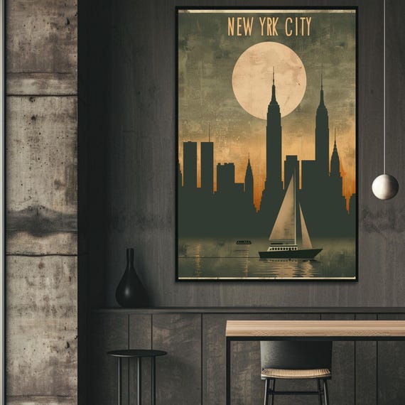 New York City Skyline Matte Vertical Poster Vintage Style Urban Charm Decor Full Moon Wall Art Sailboat Silhouette Print Nyc Cityscape