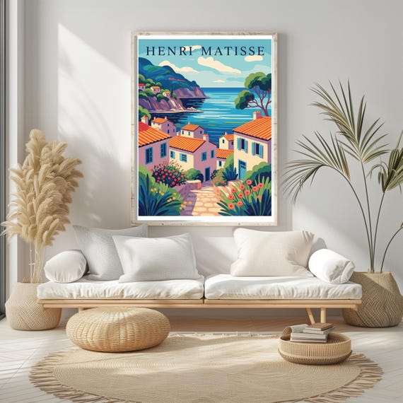 Matisse Landscape Poster Coastal Village Wall Art Mediterranean Matte Print Vertical Artwork Terracotta Rooftops Decor Greenery Sea