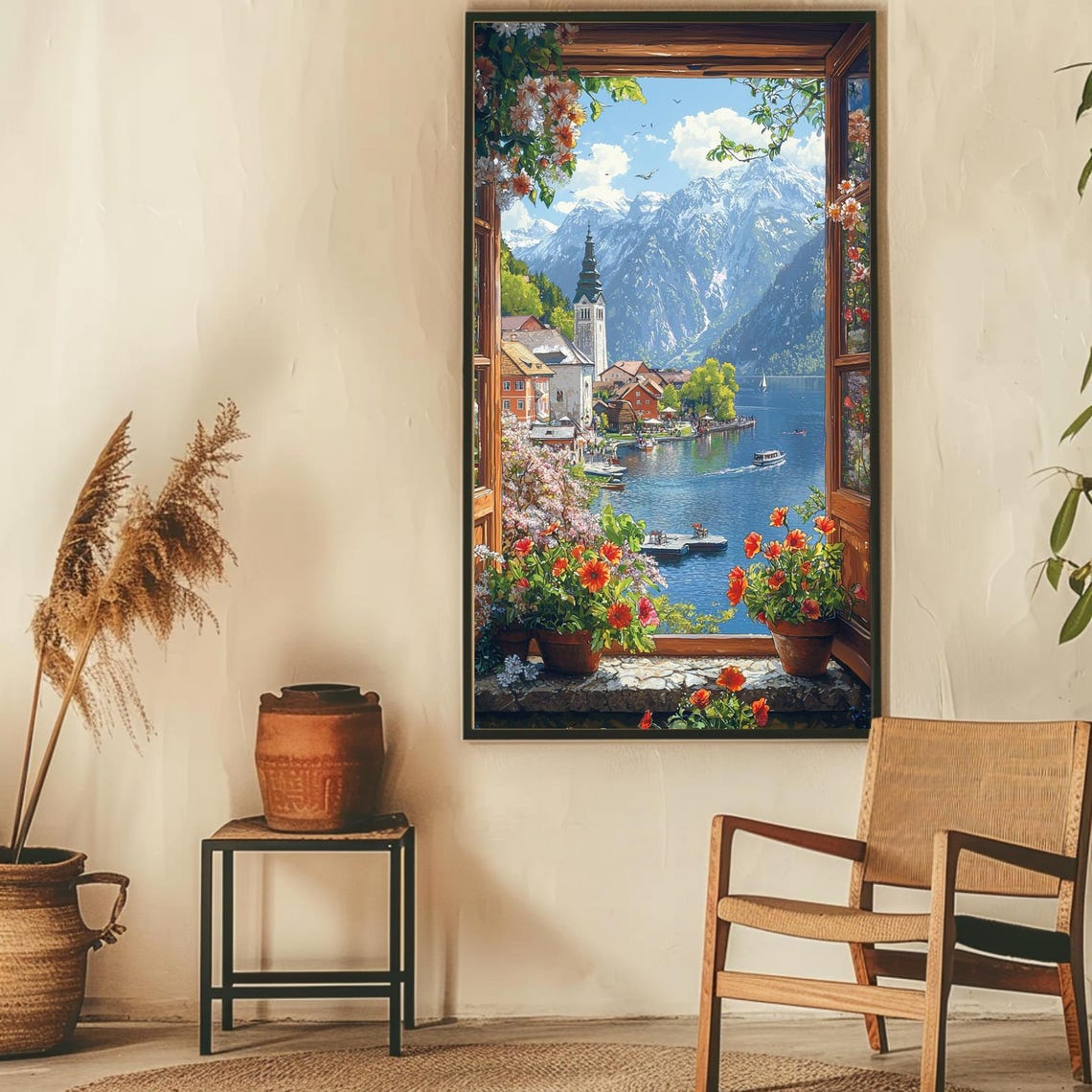 Hallstatt Austria Spring Window View Over Lakeside Village Poster