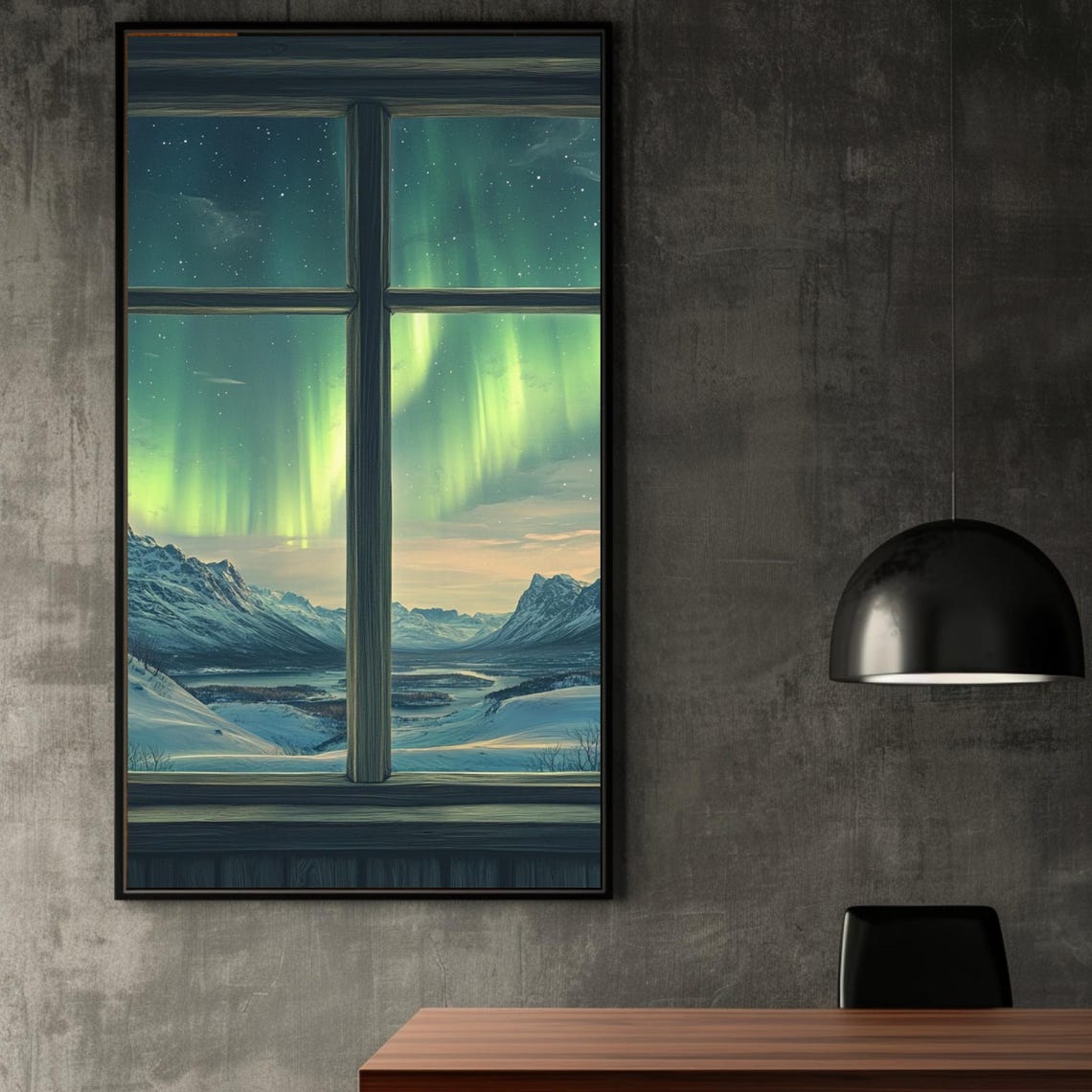 Northern Lights Aurora Through Window Over Snowy Peaks Poster