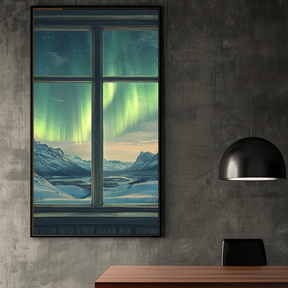Northern Lights Aurora Through Window Over Snowy Peaks Poster